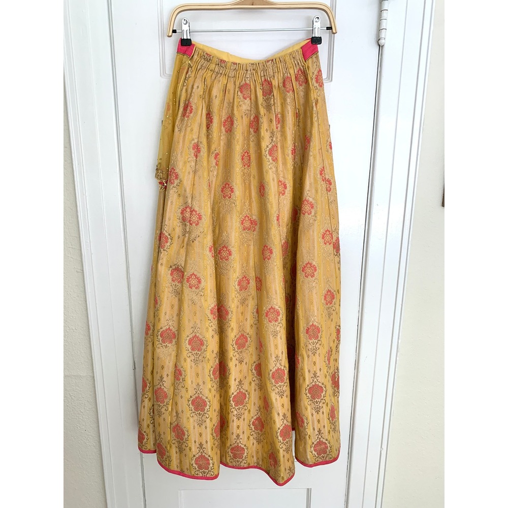 DEBYANI Luxury Indian Lehenga Skirt Mustard Yellow Chanderi Silk Size 32 S M - Picture 3 of 16